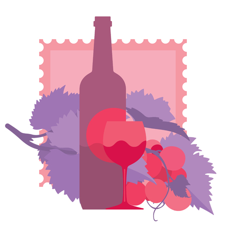 Glass of red wine, bottle, grapes, ornamental, flat illustrationのイラスト素材