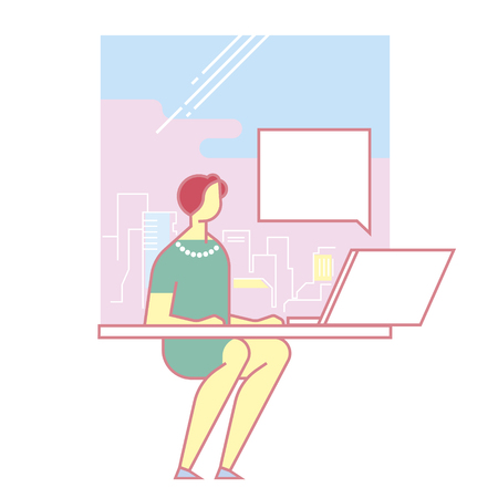 manager working at a computer against the backdrop of the city, business conceptのイラスト素材