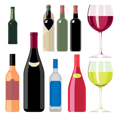 Wine, alcohol bottle, glass of wine, big setのイラスト素材