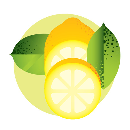 whole and halved yellow lemon with green leaves, cut citrus, fruitのイラスト素材