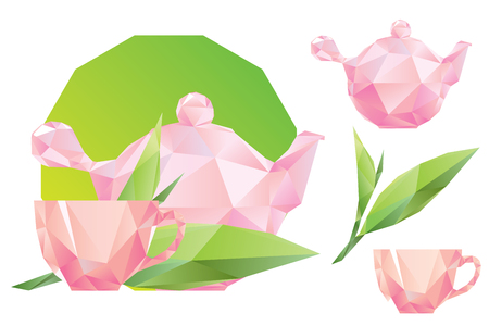 Polygon green tea leaves, polygon pink teacup and kettle, setのイラスト素材