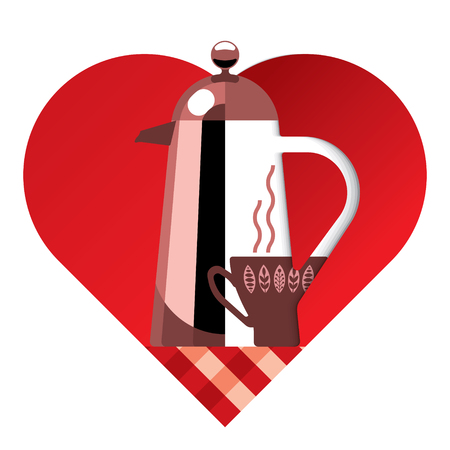 red iron coffee pot and coffee cup on red heart background for ads or menu, i like coffeeのイラスト素材