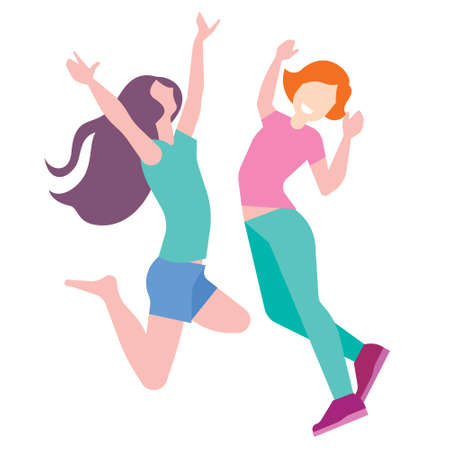 Happy girls jumping, concept of friendship, healthy lifestyle, success, flat style illustration.のイラスト素材