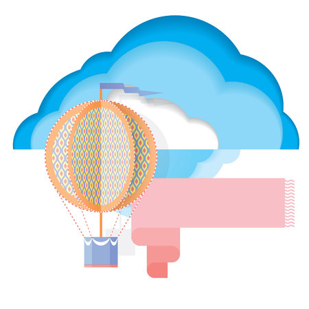 Paper balloon with banner for text on background sky. Illustration for congratulation postcard or ads, Paper carvedのイラスト素材