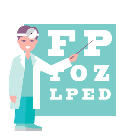 Doctor optometrist points to the table for testing visual acuityのイラスト素材