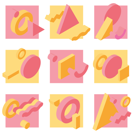 Set of isometric design element in memphis style, geometric composition, 3dのイラスト素材