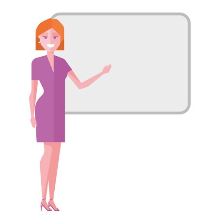 Young female manager showing on board. Vector flat illustrationのイラスト素材