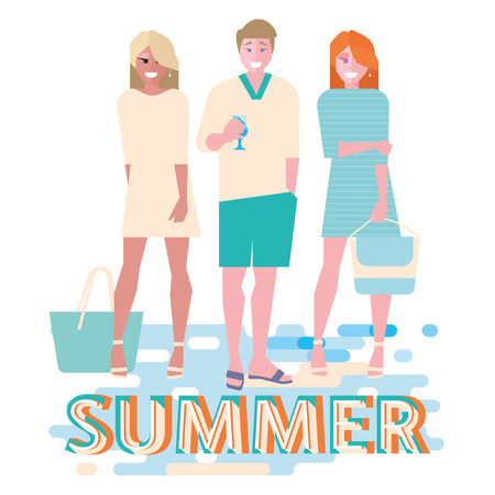 Young man and woman on vacation on the beach in summer in beachwearのイラスト素材