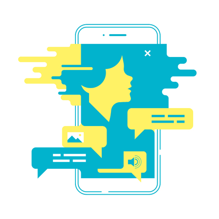 Chatting concept. Man chatting with chatbot on smartphone. Vector illustrationのイラスト素材