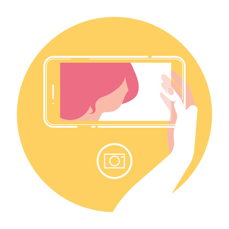 female make selfie, hand and smartphone, flat illustrationのイラスト素材