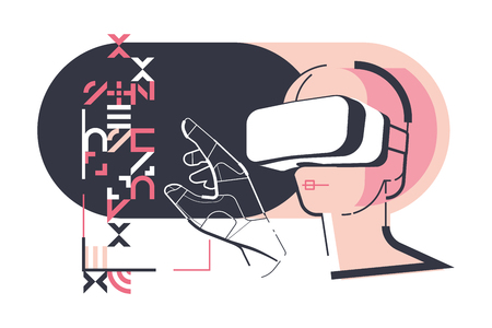 virtual reality, man working in virtual glasses and gloves, black and pink colorのイラスト素材