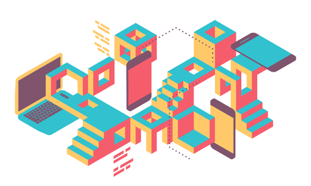blockchain technology, concept isometric illustration, computer and mobile devのイラスト素材