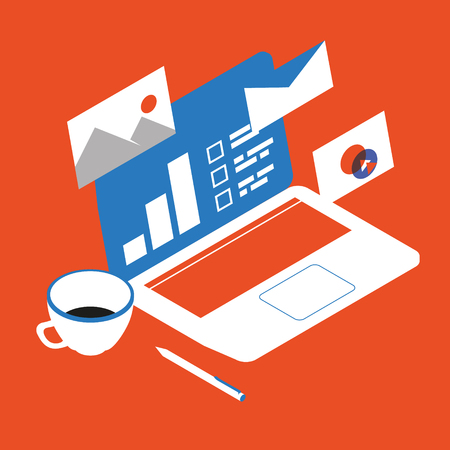 Isometric wireless mobile devices, computer, cloud computing, work with documents and dataのイラスト素材