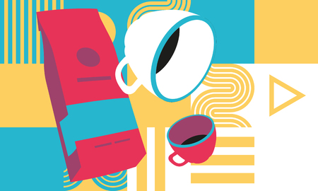 Coffee time pop art style. Coffee cup and coffee box. Flat vector illustrationのイラスト素材