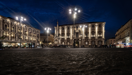 Catania by night. Lifestyle at the elephant fountain in Dome square. Sicily, Italy.のeditorial素材