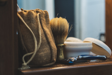 home shaving kit: brush, shaving cream, shaving razorの写真素材