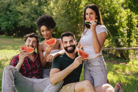 Portrait of multiracial young people eating watermelon outdoor in the countryside and looking at the camera.の写真素材