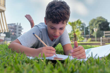 Cute boy doing homework laying on grass. Child reading a book in the summer park. Concept of kids learning, study, outdoors in the park.の写真素材