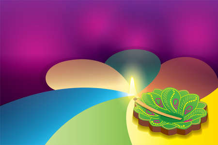 Happy Diwali festival with oil lamp, Diwali holiday Background with rangoli, Diwali celebration greeting card, vector.のイラスト素材