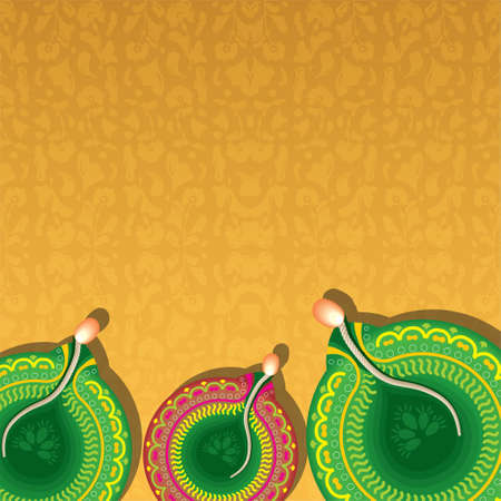 Happy Diwali festival with oil lamp, Diwali holiday Background with rangoli, Diwali celebration greeting card, vector.のイラスト素材