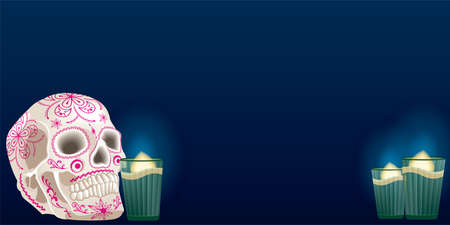 Halloween Dia De Los Muertos celebration background with skull and candlesのイラスト素材