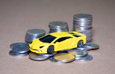 Finance and car loan, money, coins, car insurance application formの写真素材