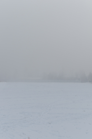 Snowy morning and heavy fog. Visibility of 30 meters, free sprostranstvo in the snow, the horizon is not visible for the thick fog.の写真素材