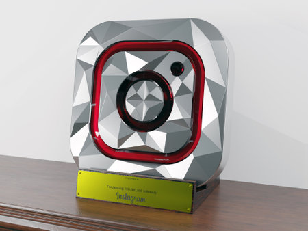 Red Diamond Instagram Award like Red Diamond play button with wood holder and gold nameplate in side viewのeditorial素材