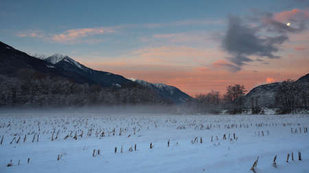 Picture of a winter sunset over a field in the Alps.の写真素材
