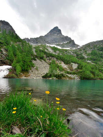 The clear water of an alpine lake on the mountainsの写真素材