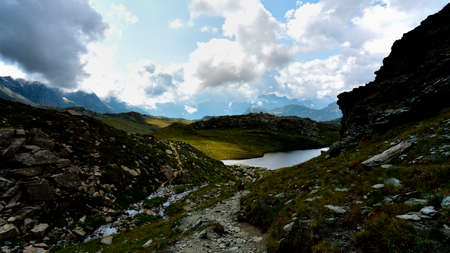 The second of the five lake hiking in Campagneda meadows, called "Lago Verde".の写真素材