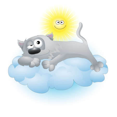Cartoon gray cat lying on a cloud sunのイラスト素材