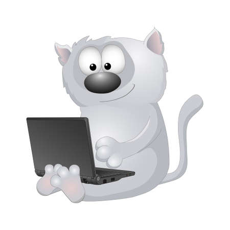 funny gray cat sitting at the computerのイラスト素材