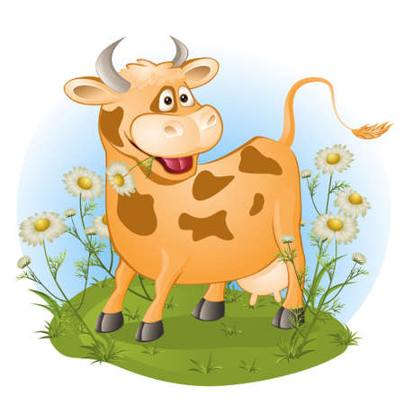 the amusing cow chews a grass. vector illustrationのイラスト素材