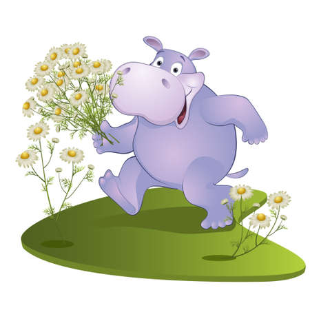 hippopotamus with a bouquet of camomilesのイラスト素材