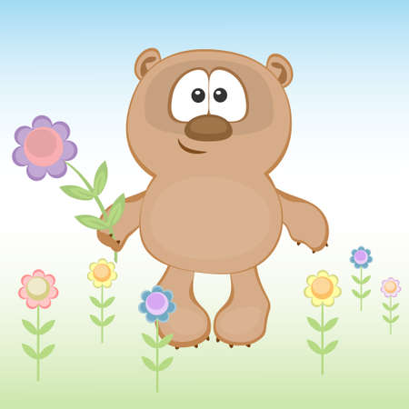 Bear with flower on meadowのイラスト素材