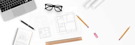 Vector illustration Workplace of architect - Architectural project, blueprints, blueprint rolls and...
