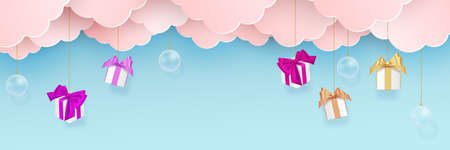 Merry Christmas Happy New Year papercut web banner illustration of holiday season landscape in paper fold style. Includes festive winter shops, ornaments and gift boxesのイラスト素材