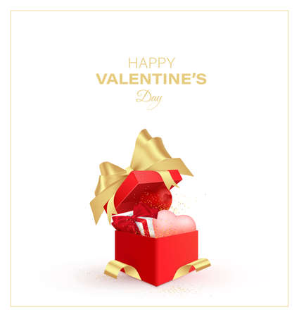Valentine s day design. Realistic red gifts boxes. Open gift box full of decorative festive object. Holiday banner, web poster, flyer, stylish brochure, greeting card, cover. Romantic background.のイラスト素材
