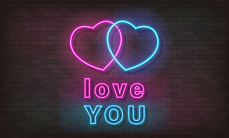 Love You neon text, bright signboard, light banner. Valentine Day logo neon, emblem. Vector illustrationのイラスト素材