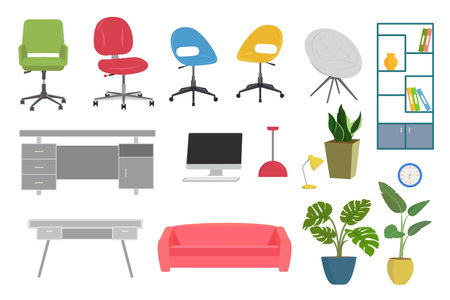 Office furniture collection with tables, chairs, lamps, plants and computers.のイラスト素材