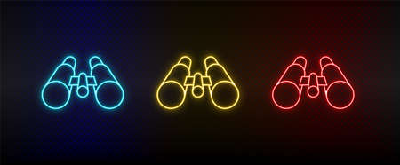 Neon icon set binoculars, explore. Set of red, blue, yellow neon vector icon