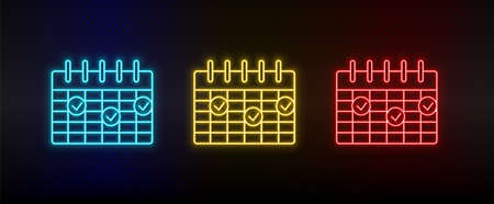 Neon icon set calendar, deadline. Set of red, blue, yellow neon vector iconのイラスト素材