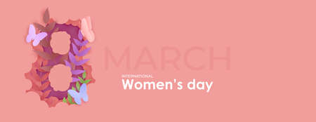 Card for 8 March womens day. Flowers inside number eight cut from paper. Abstract background with text and flowers .Vector illustration. Paper cut and craft styleのイラスト素材