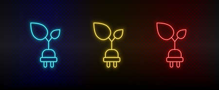 Neon icon set ecology and environment. Set of red, blue, yellow neon vector icon