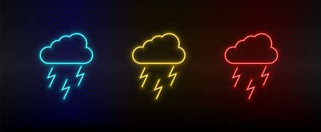 Neon icon set rain, energy, lighting. Set of red, blue, yellow neon vector iconのイラスト素材