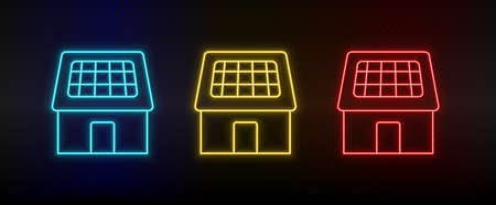 Neon icon set solar, home, charger. Set of red, blue, yellow neon vector iconのイラスト素材