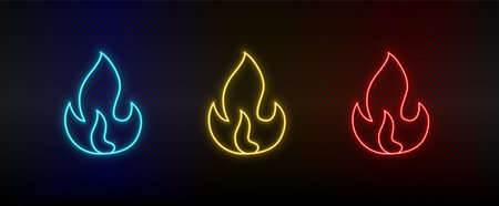 Neon icon set burning, fire. Set of red, blue, yellow neon vector iconのイラスト素材