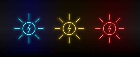 Neon icon set sun, energy. Set of red, blue, yellow neon vector icon on transparency dark backgroundのイラスト素材