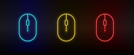 Neon icon set Click hardware mouse. Set of red, blue, yellow neon vector iconのイラスト素材